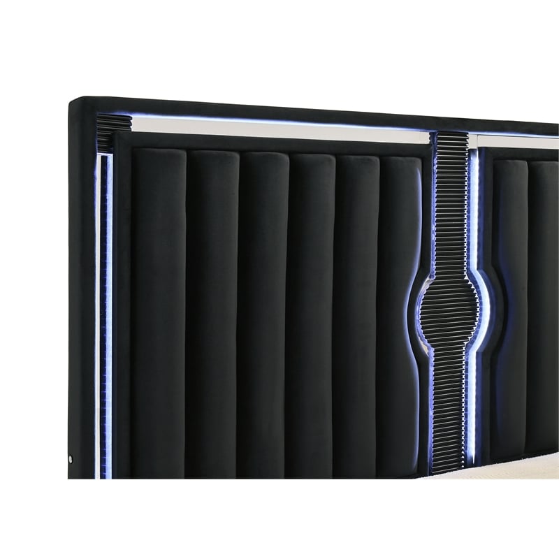 Coaster Ravenne Queen LED Upholstered Velvet Panel Bed in Black