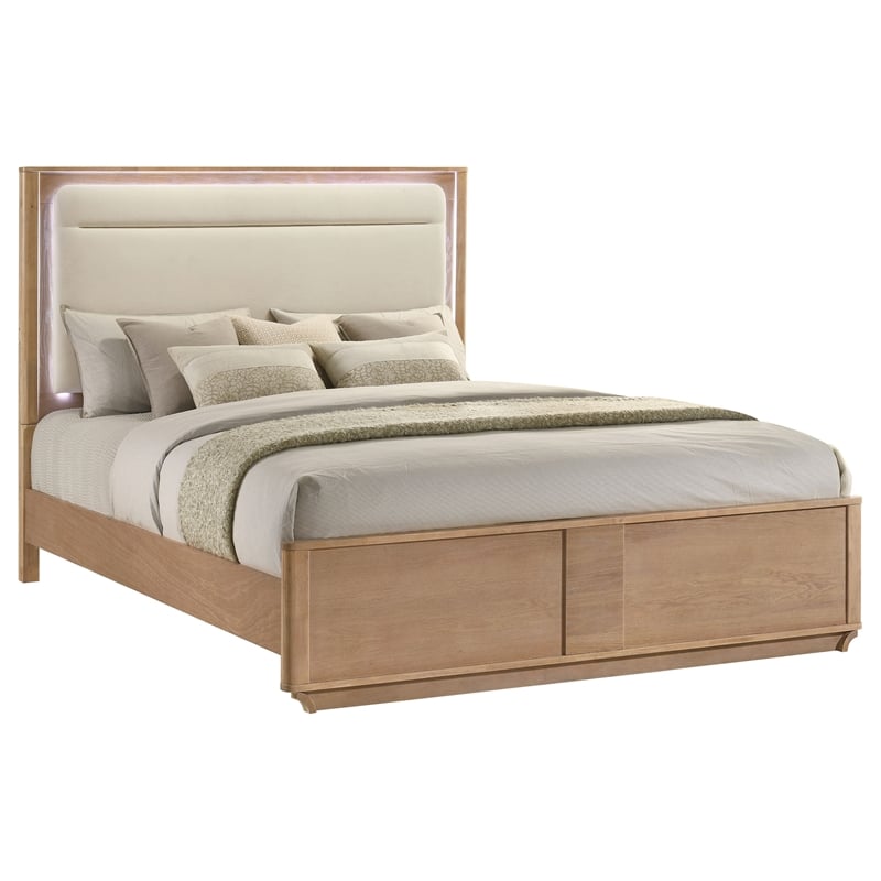 Coaster Leanne Eastern King Wood LED Panel Bed in Off White/Light Oak