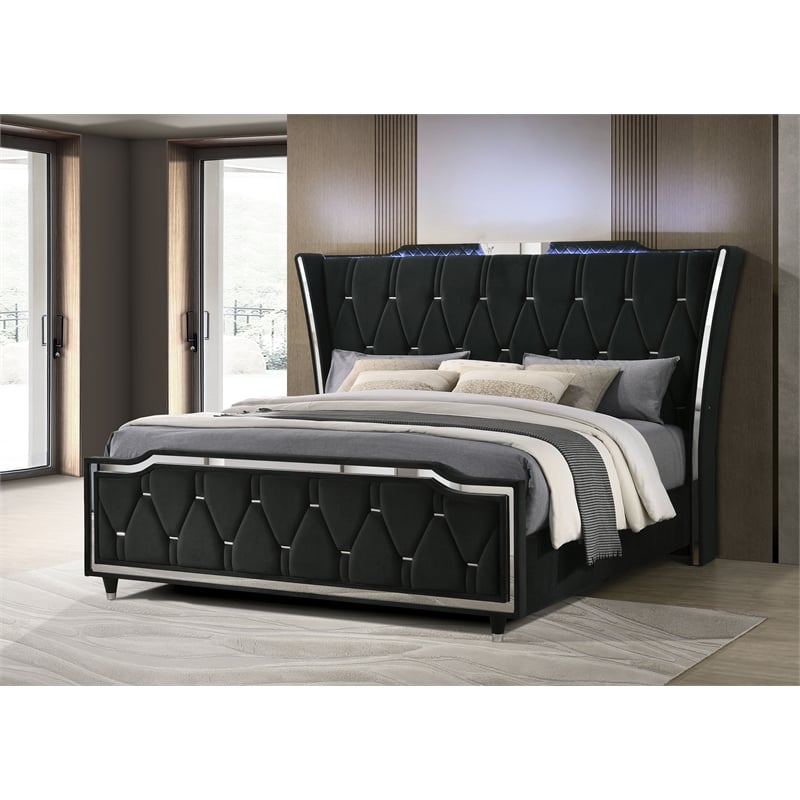 Coaster Lorient Eastern King LED Upholstered Velvet Wingback Bed in Black