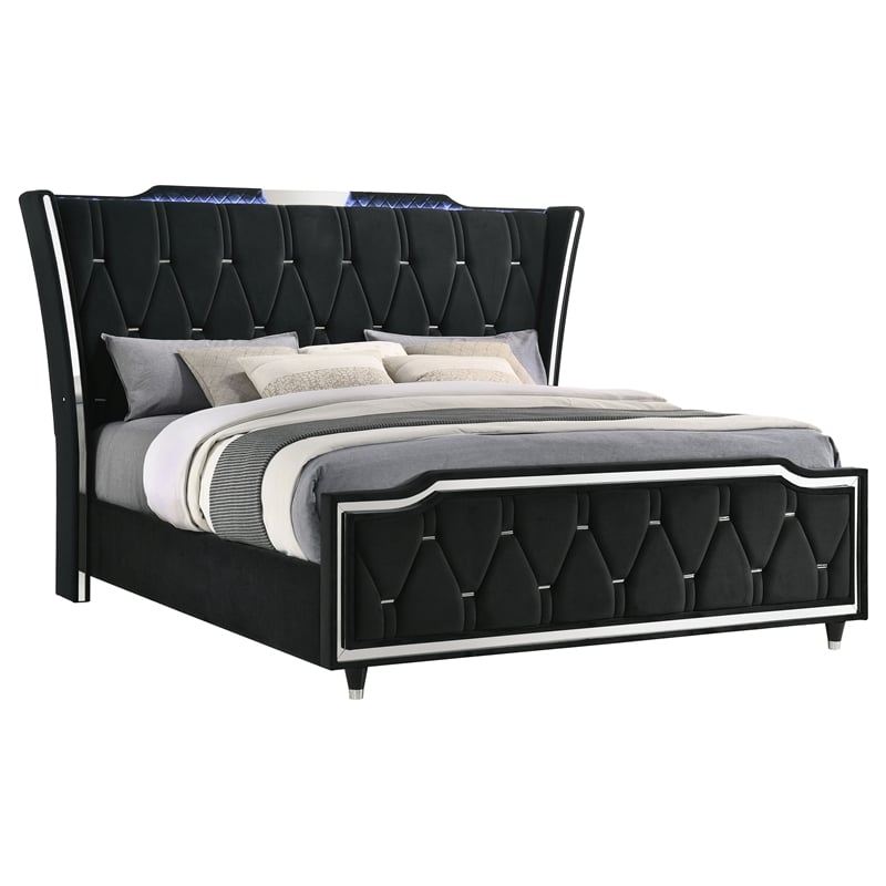 Coaster Lorient Eastern King LED Upholstered Velvet Wingback Bed in Black