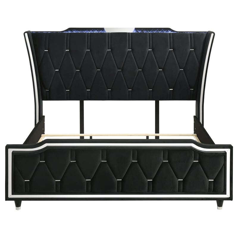 Coaster Lorient Eastern King LED Upholstered Velvet Wingback Bed in Black