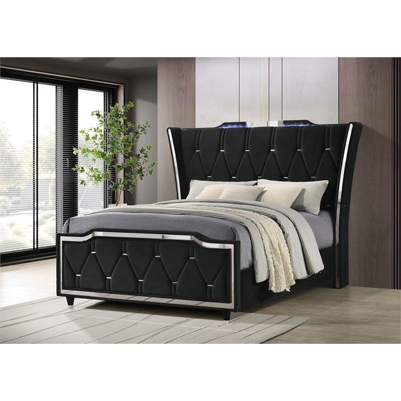 Coaster Lorient Queen LED Upholstered Velvet Wingback Bed in Black