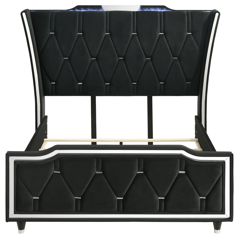 Coaster Lorient Queen LED Upholstered Velvet Wingback Bed in Black