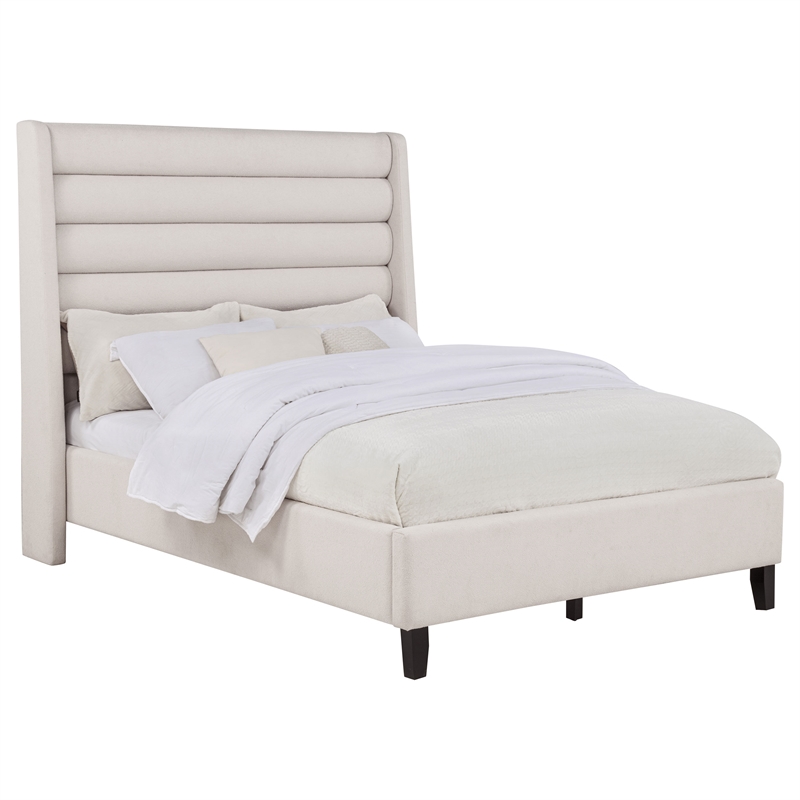 Coaster Leslie Full Upholstered Fabric Wingback Platform Bed in Beige