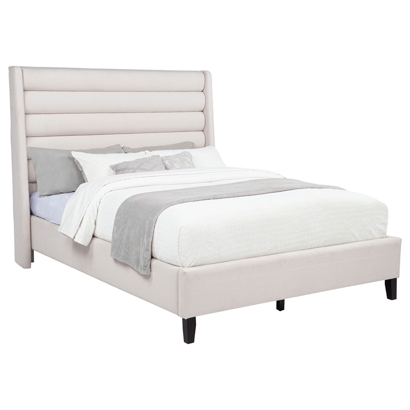 Coaster Leslie Queen Upholstered Fabric Wingback Platform Bed in Beige