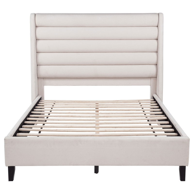 Coaster Leslie Queen Upholstered Fabric Wingback Platform Bed in Beige