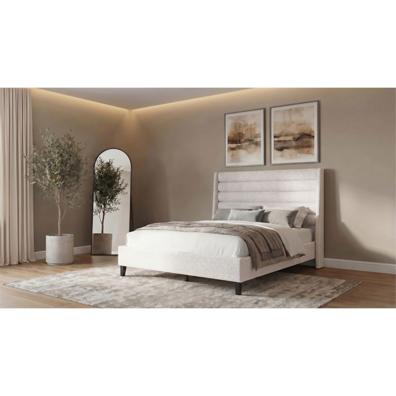 Coaster Leslie Queen Upholstered Fabric Wingback Platform Bed in Beige
