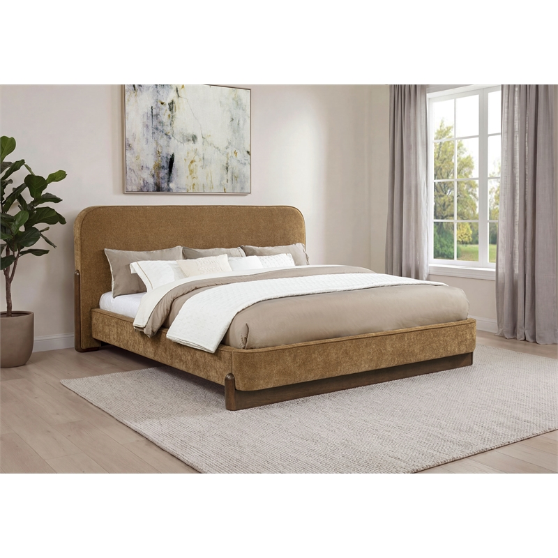 Coaster Baldacci Fabric Queen Platform Bed in Curry Yellow/Walnut