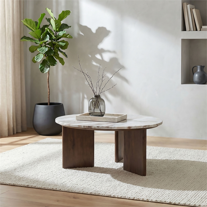 Coaster Jenna Transitional Round Marble Top Cocktail Coffee Table in Brown