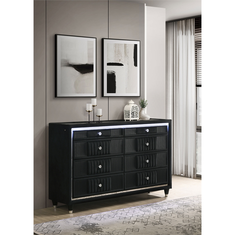 Coaster Ravenne 8-Drawer Velvet Upholstered LED Dresser Cabinet in Black