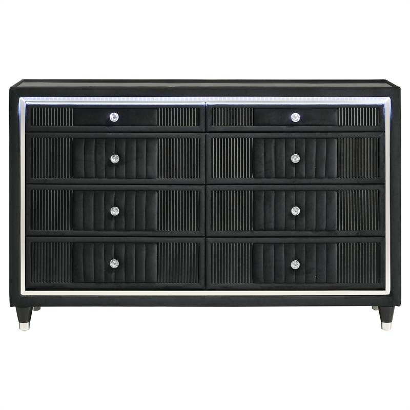 Coaster Ravenne 8-Drawer Velvet Upholstered LED Dresser Cabinet in Black