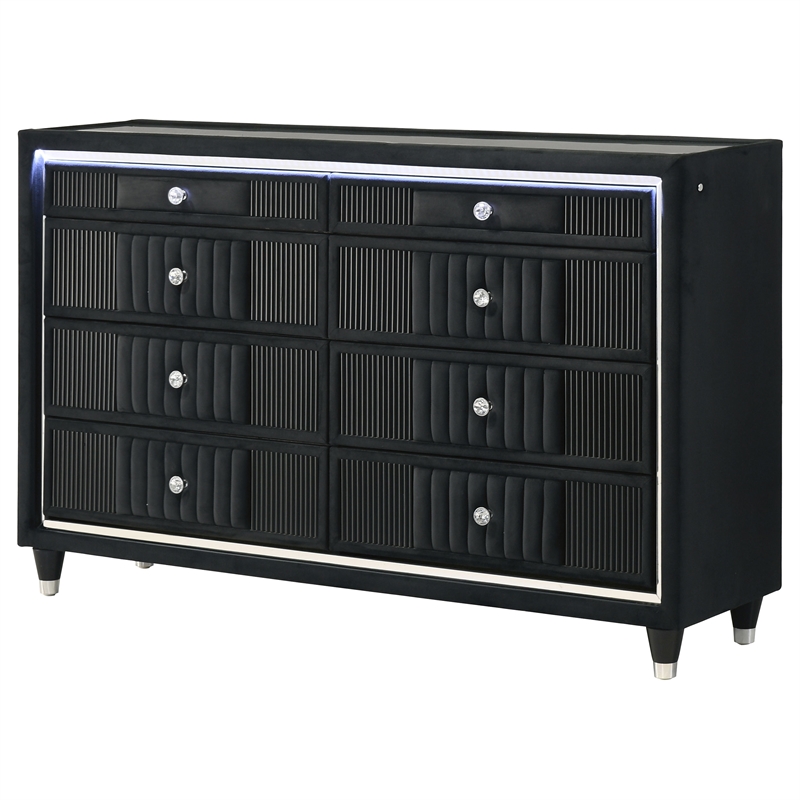 Coaster Ravenne 8-Drawer Velvet Upholstered LED Dresser Cabinet in Black