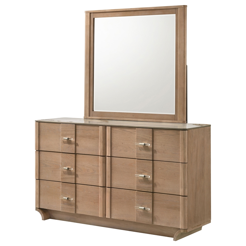 Coaster Leanne 6-Drawer Sinter Stone Top Wood Dresser and Mirror in Light Oak