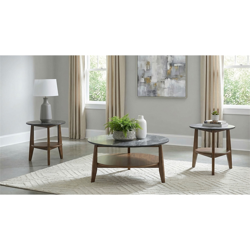 Coaster Bradley 3-Piece Round Wood Coffee Table Set in Smokey Gray/Brown
