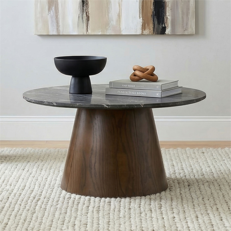Coaster Franklin Round Pedestal Wood Coffee Table in Gray/Dark Brown
