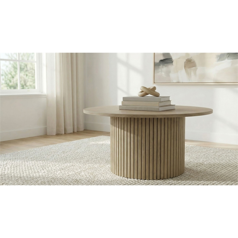 Coaster Hamlyn Round Fluted Wood Occasional Cocktail Coffee Table in Natural Oak
