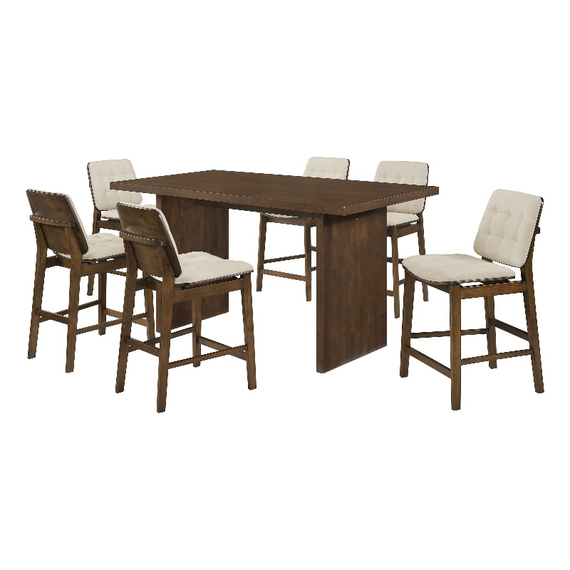Coaster Decker 7-Piece Wood and Velvet Counter Dining Set in Cream/Walnut