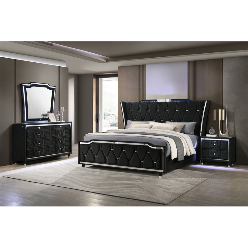 Coaster Lorient 4-Piece Velvet Eastern King LED Bedroom Set in Black