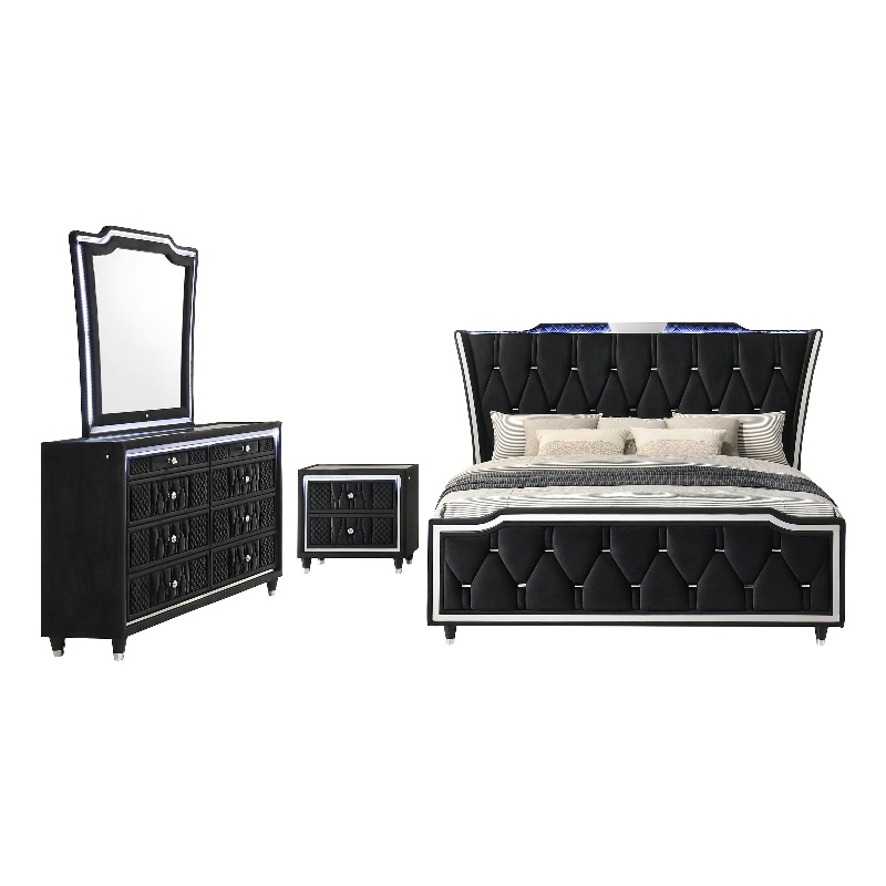 Coaster Lorient 4-Piece Velvet Eastern King LED Bedroom Set in Black