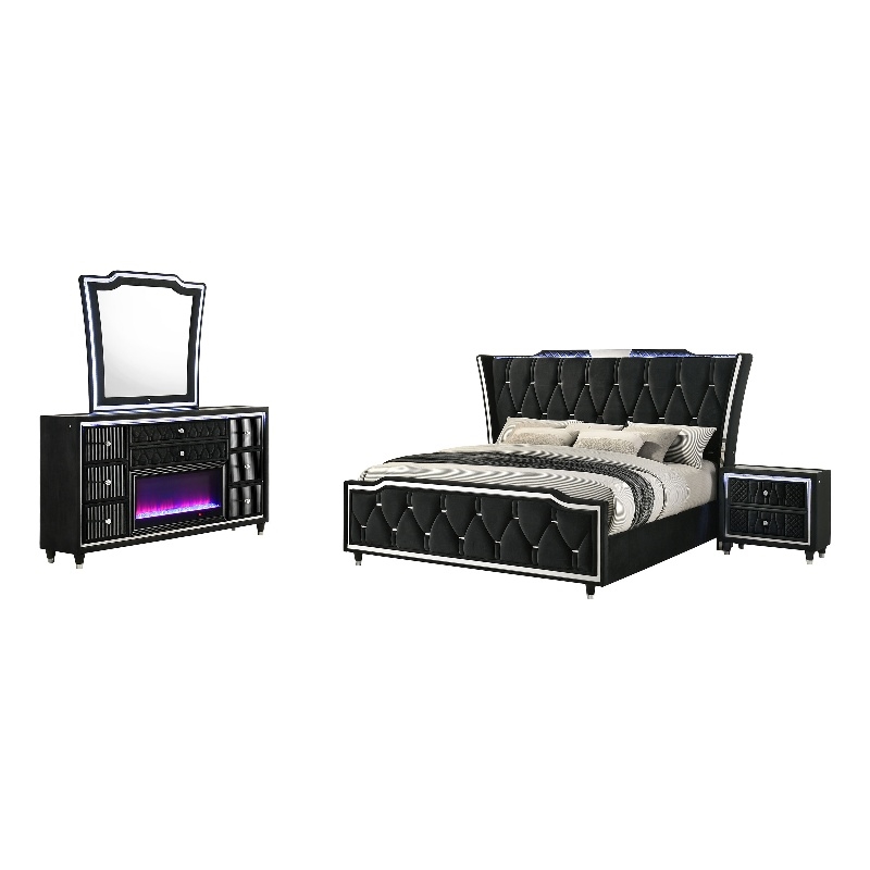 Coaster Lorient 4-Piece Velvet Eastern King Fireplace LED Bedroom Set in Black