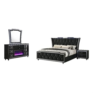 Coaster Lorient 4-Piece Velvet Eastern King Fireplace LED Bedroom Set in Black