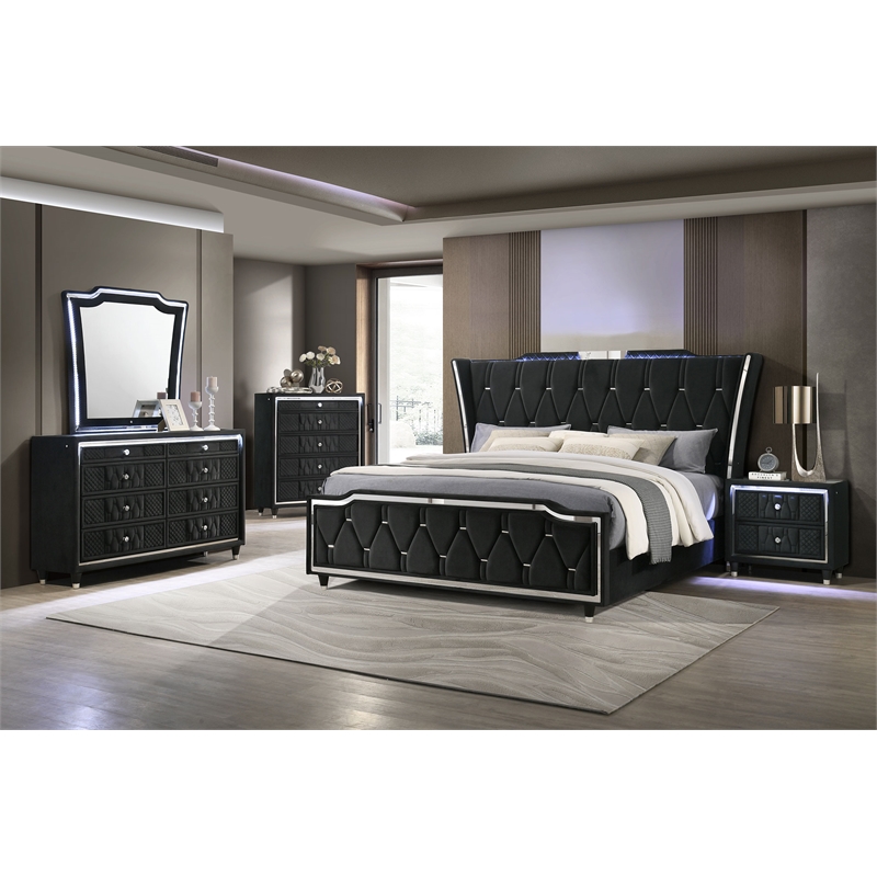 Coaster Lorient 5-Piece Velvet Eastern King LED Bedroom Set in Black