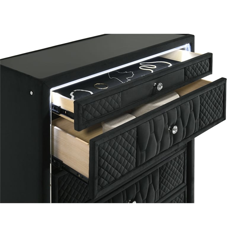 Coaster Lorient 5-Piece Velvet Eastern King LED Bedroom Set in Black
