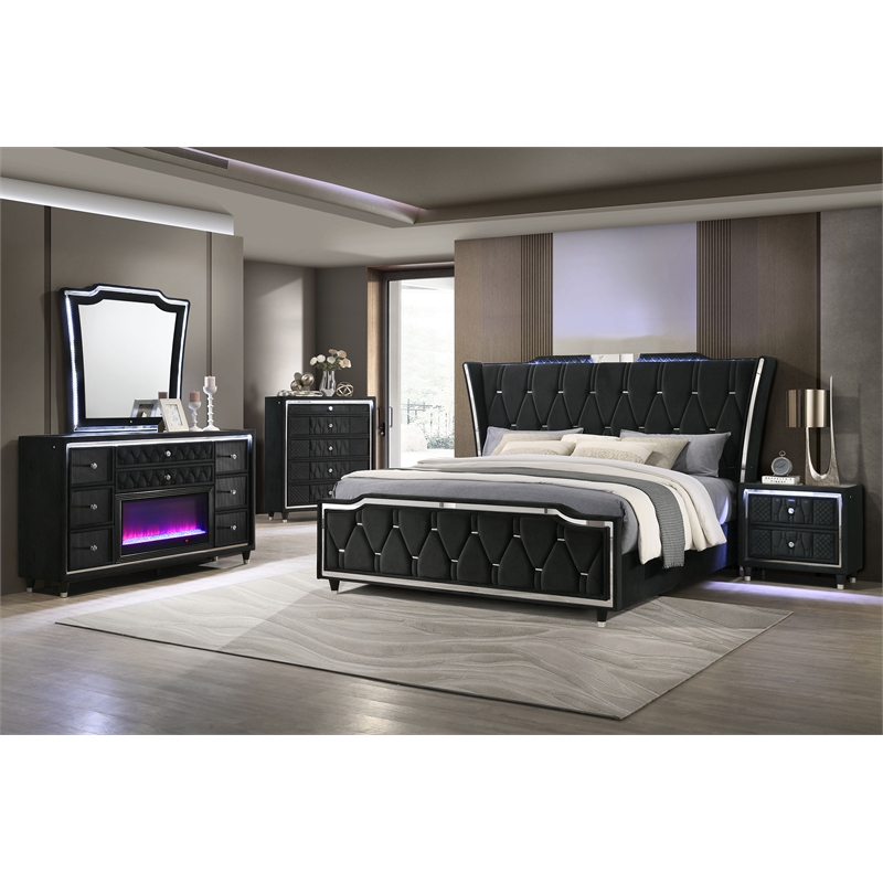Coaster Lorient 5-Piece Velvet Eastern King Fireplace LED Bedroom Set in Black