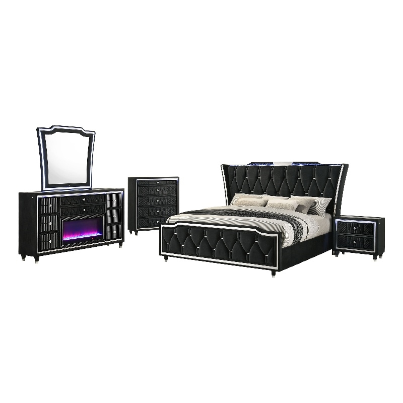 Coaster Lorient 5-Piece Velvet Eastern King Fireplace LED Bedroom Set in Black
