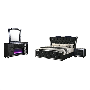 Coaster Lorient 4-Piece Velvet California King Fireplace LED Bedroom Set in Black