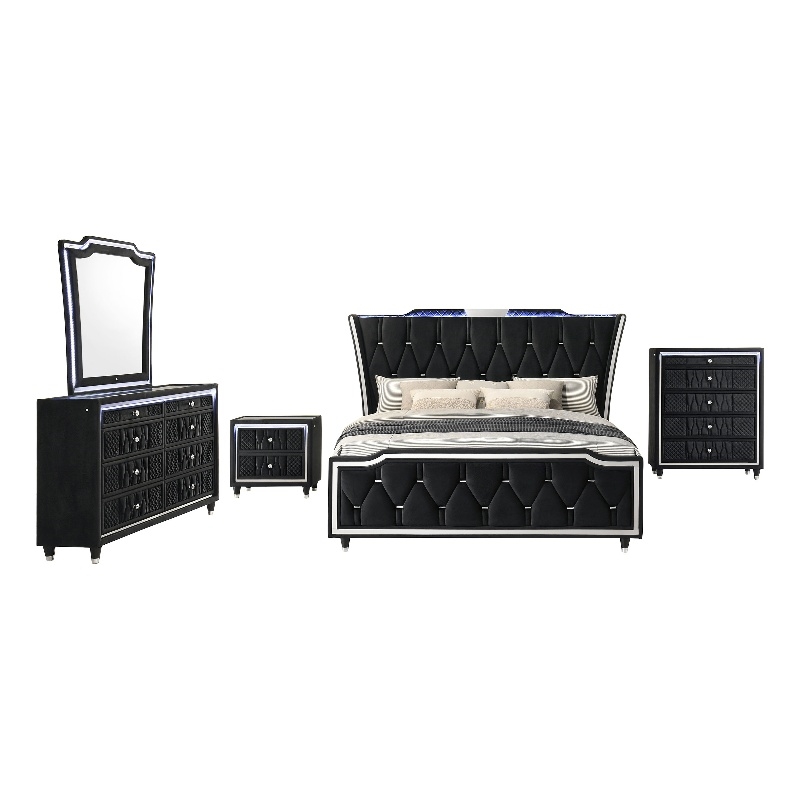 Coaster Lorient 5-Piece Velvet California King LED Bedroom Set in Black