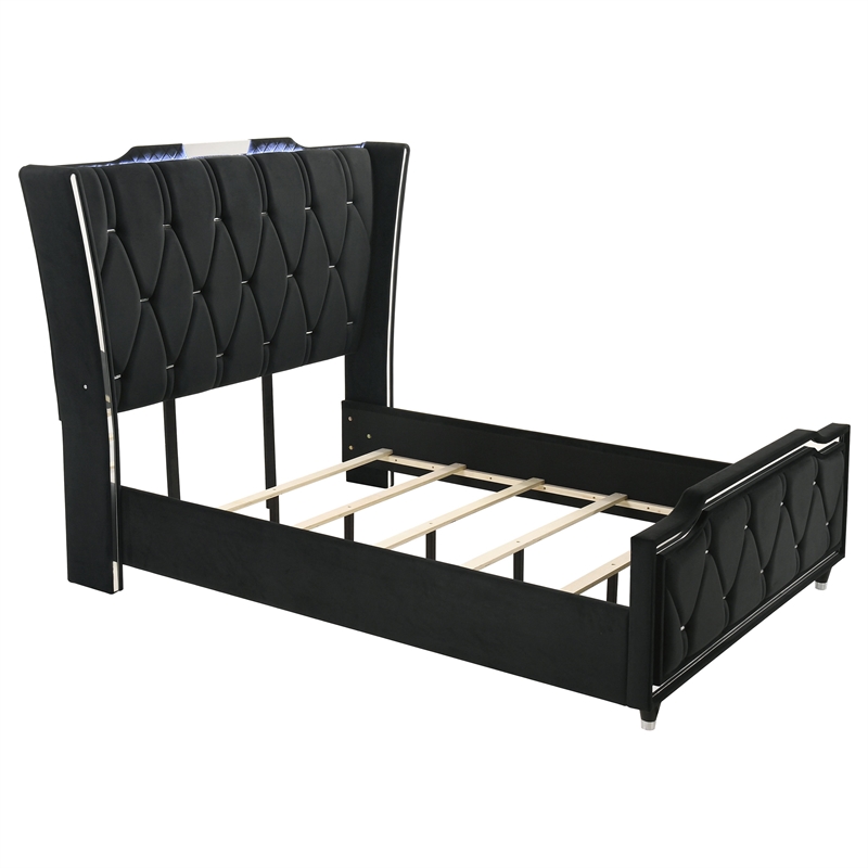 Coaster Lorient 4-Piece Velvet Queen Fireplace LED Bedroom Set in Black