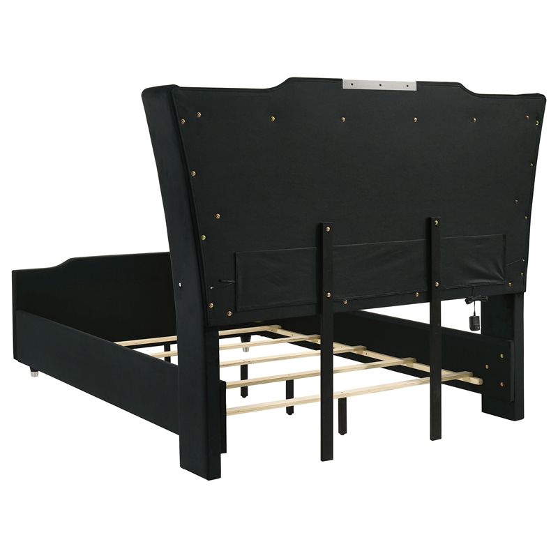 Coaster Lorient 4-Piece Velvet Queen Fireplace LED Bedroom Set in Black