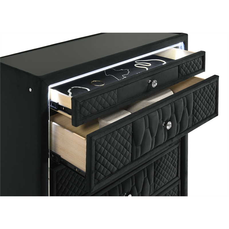 Coaster Lorient 5-Piece Velvet Queen Fireplace LED Bedroom Set in Black