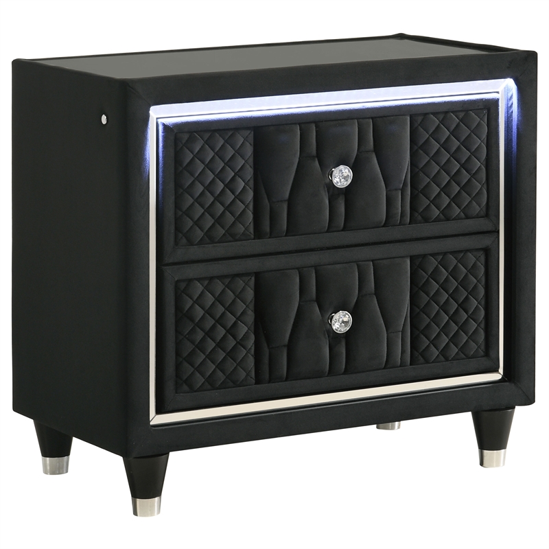 Coaster Lorient 5-Piece Velvet Queen Fireplace LED Bedroom Set in Black