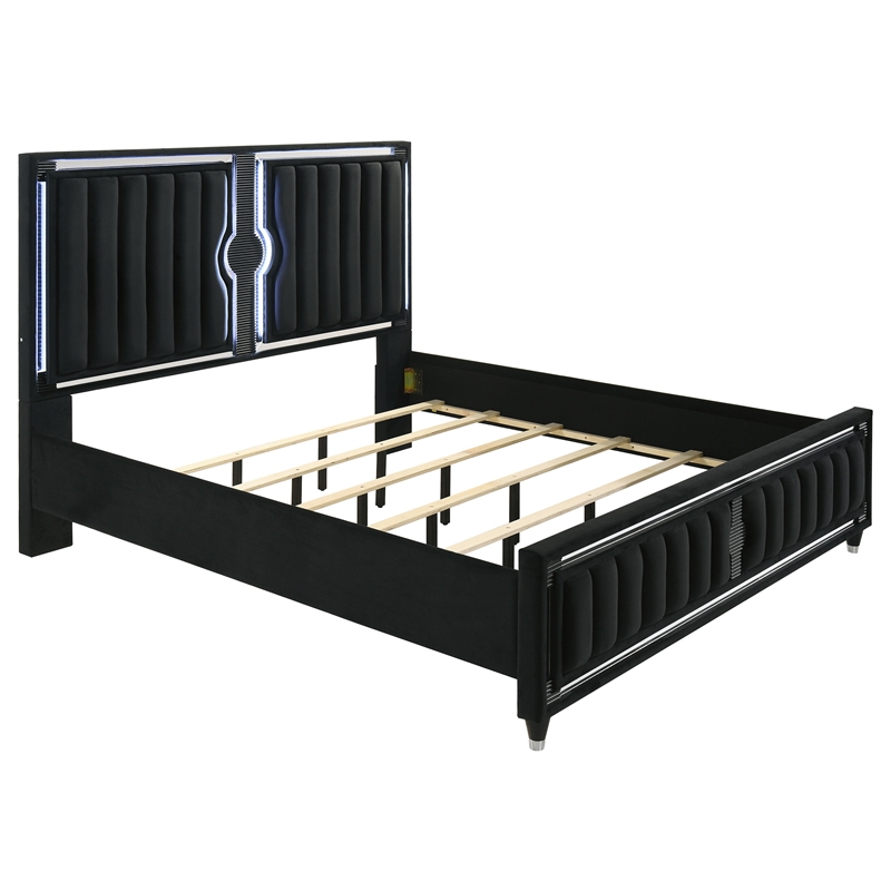 Coaster Ravenne 5-Piece Modern Velvet Eastern King LED Bedroom Set in Black