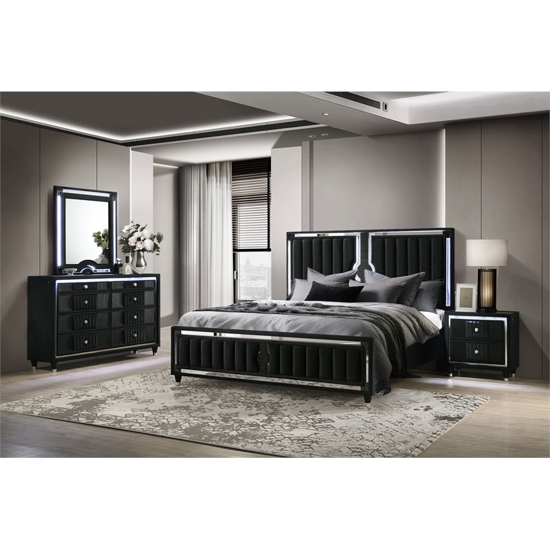 Coaster Ravenne 4-Piece Modern Velvet California King LED Bedroom Set in Black
