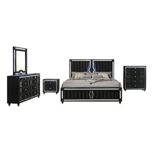 Coaster Ravenne 5-Piece Modern Velvet California King LED Bedroom Set in Black