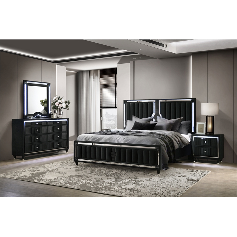 Coaster Ravenne 4-Piece Modern Velvet Queen LED Bedroom Set in Black
