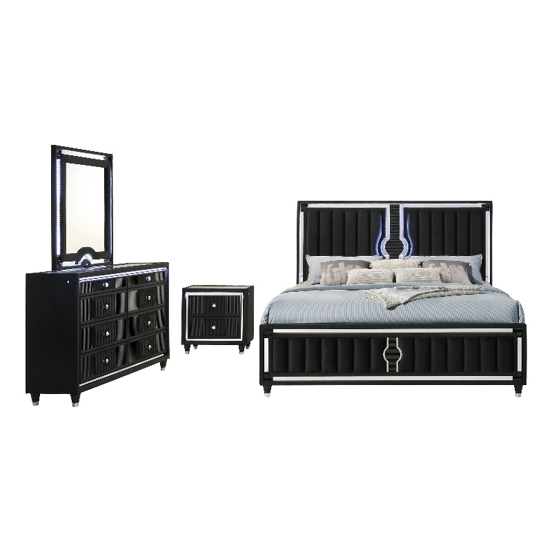 Coaster Ravenne 4-Piece Modern Velvet Queen LED Bedroom Set in Black