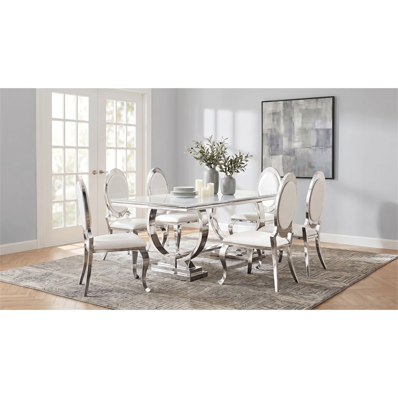 Coaster Antoine 7-piece White Tempered Glass Dining Set in Cream White Chairs
