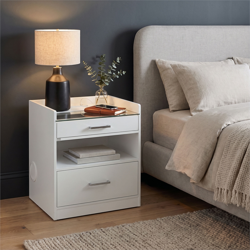 Coaster Furda Engineered Wood LED Bedside Table with Speaker in White High Gloss