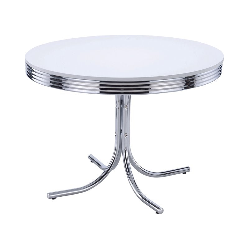 coaster 2388 cleveland round chrome plated dining table with white