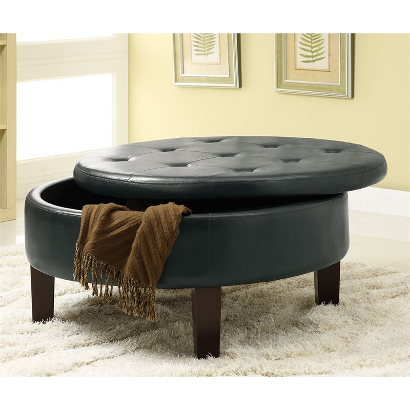 Coaster Faux Leather Tufted Upholstery Round Storage Ottoman in Brown