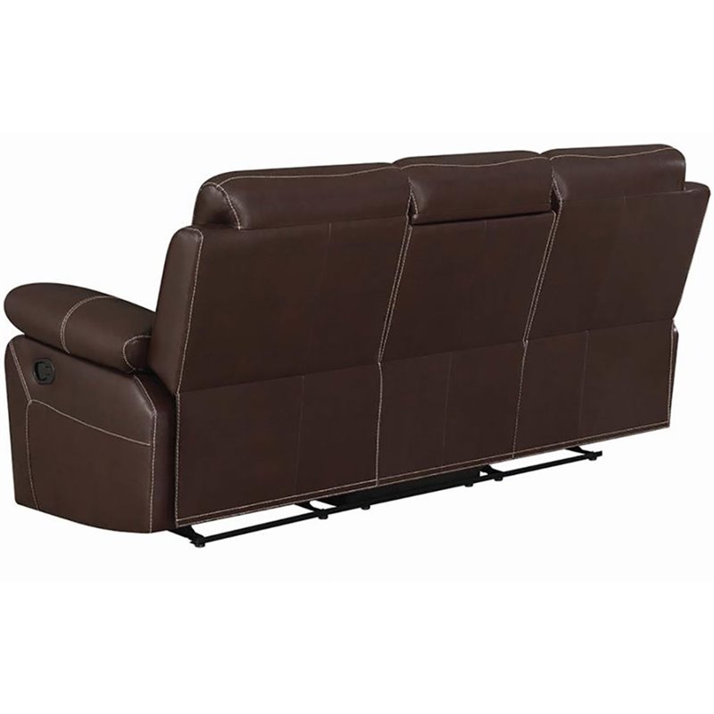 Coaster Myleene Faux Leather Motion Sofa with Drop-down Table in Chestnut