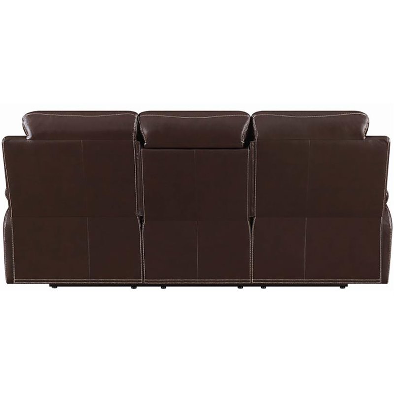 Coaster Myleene Faux Leather Motion Sofa with Drop-down Table in Chestnut