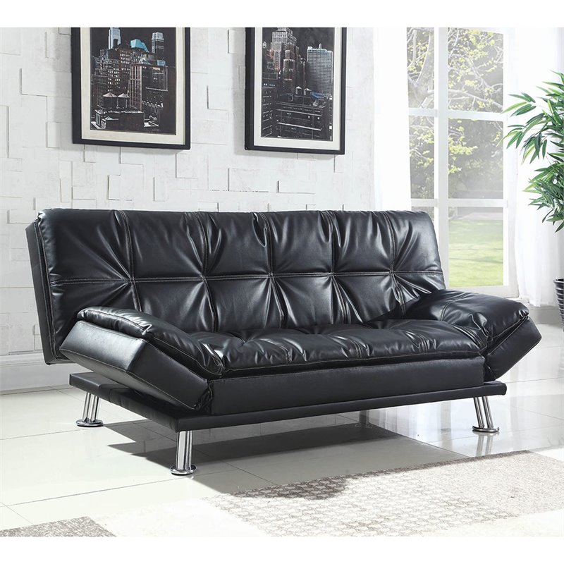 Coaster Dilleston Faux Leather Sleeper Sofa in Black and Chrome