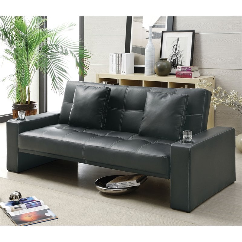 Coaster Faux Leather Sleeper Sofa with Cup Holders in Black