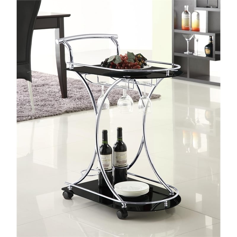 Elfman 2-tier Glass Shelf Metal Bar Cart Black and Chrome