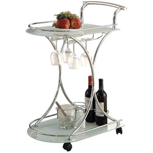 coaster glass top bar cart in chrome and white